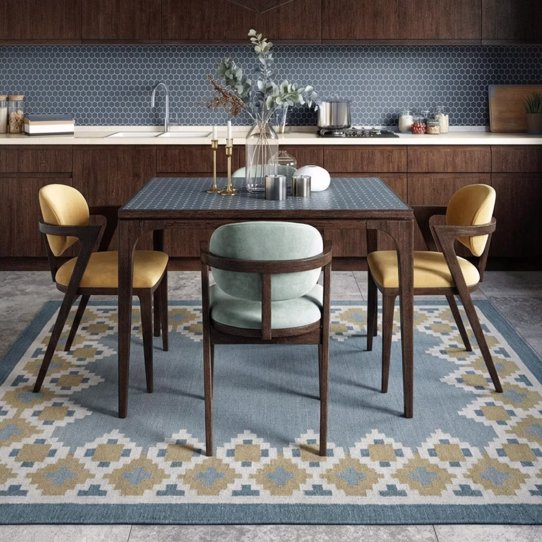 Nordis handwoven flatweave wool rug featuring a Scandinavian geometric border in blue, mustard, beige, and ivory, handmade for modern living rooms, bedrooms, and Nordic interiors.