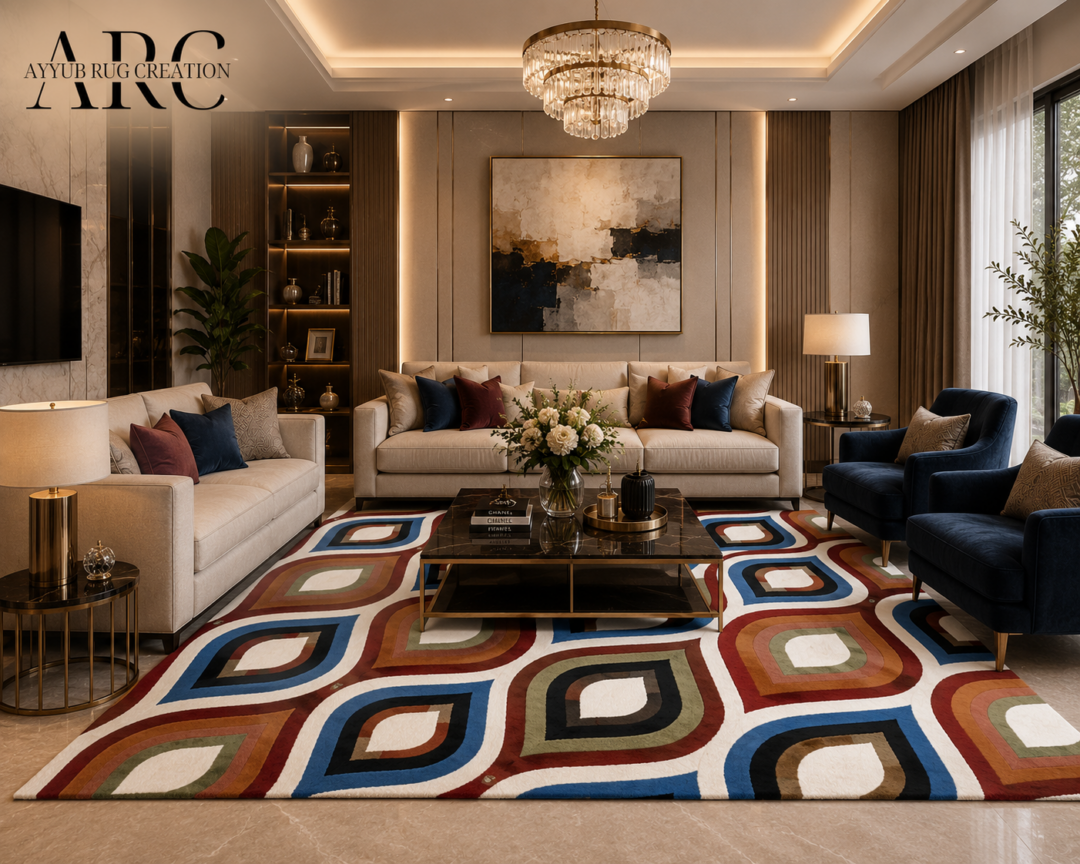 Close-up views of the Nova Hand Tufted Wool Rug showcasing premium wool texture, geometric multicolor design, handcrafted finish, and Ayyub Rug Creation logo.
