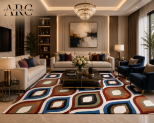 Close-up views of the Nova Hand Tufted Wool Rug showcasing premium wool texture, geometric multicolor design, handcrafted finish, and Ayyub Rug Creation logo.