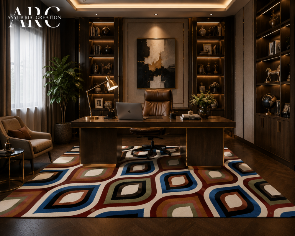 premium hand tufted wool rug featuring a modern geometric multicolor design, showcasing soft texture, dense pile, and handcrafted craftsmanship.