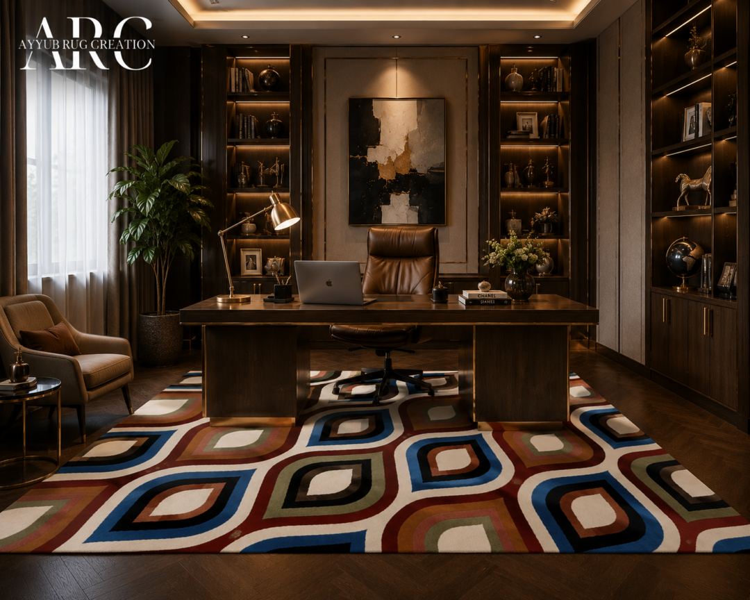 premium hand tufted wool rug featuring a modern geometric multicolor design, showcasing soft texture, dense pile, and handcrafted craftsmanship.