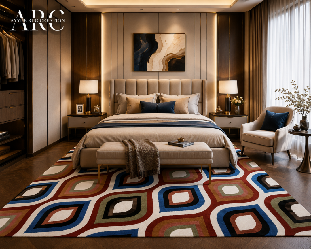 Nova Hand Tufted Wool Rug with modern geometric abstract multicolor pattern.