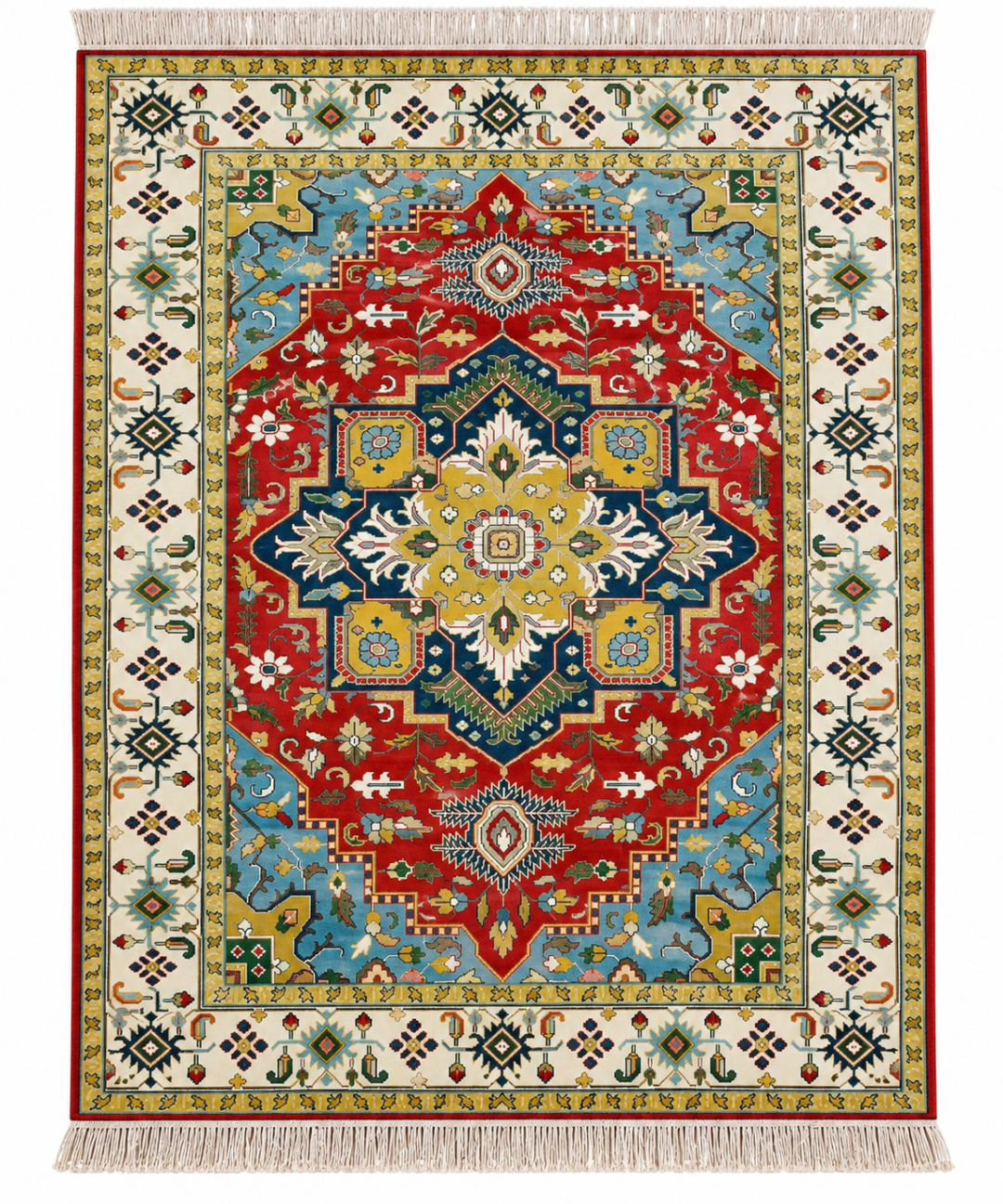 Aurelia hand knotted wool rug in red and blue with floral medallion