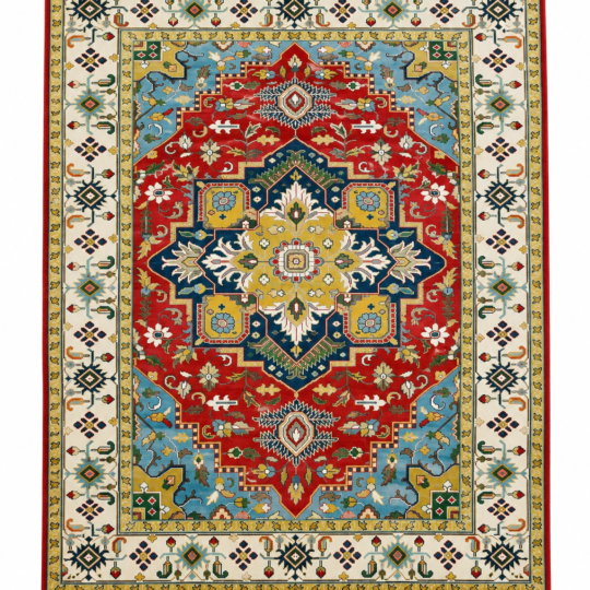 Aurelia hand knotted wool rug in red and blue with floral medallion