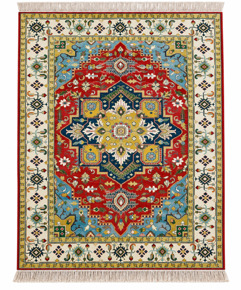 Aurelia hand knotted wool rug in red and blue with floral medallion