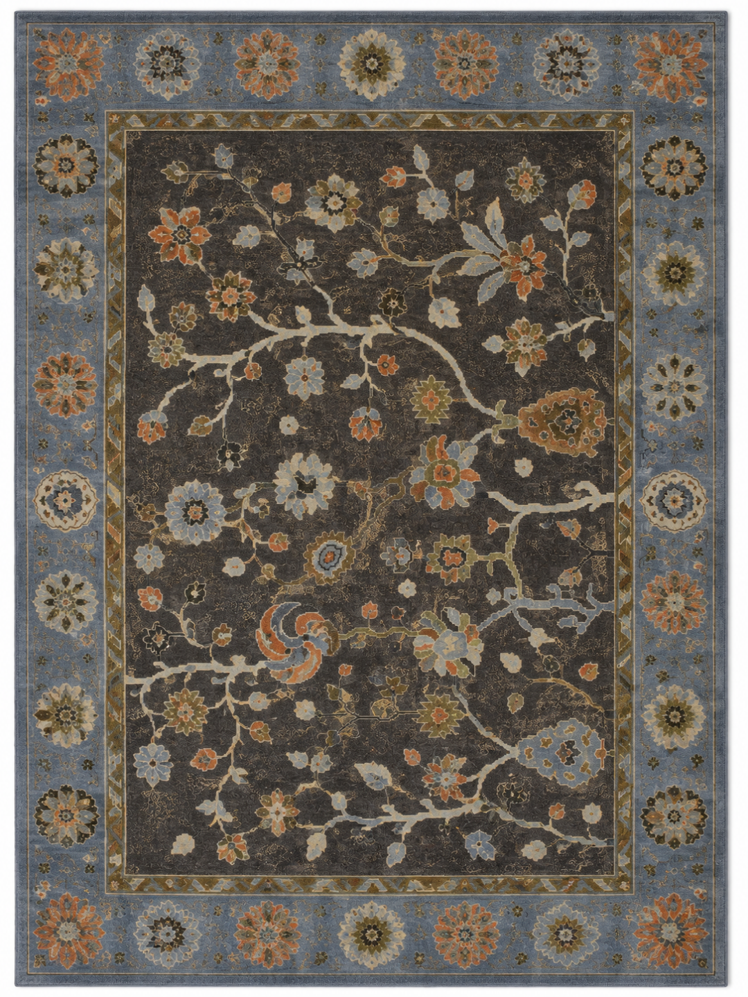 Hand Knotted Wool Rug in Charcoal Blue with Floral Oriental Pattern by Ayyub Rug Creation, Bhadohi India