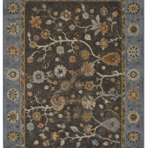 Hand Knotted Wool Rug in Charcoal Blue with Floral Oriental Pattern by Ayyub Rug Creation, Bhadohi India