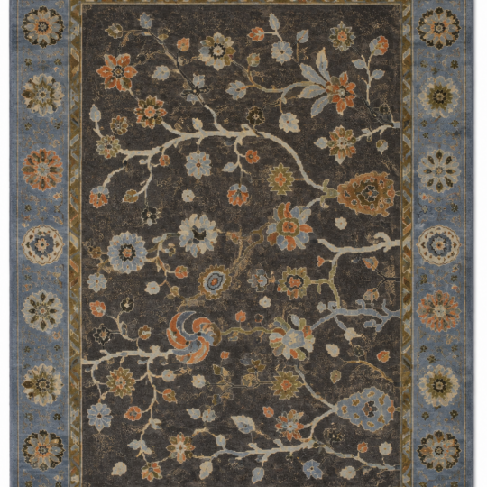 Hand Knotted Wool Rug in Charcoal Blue with Floral Oriental Pattern by Ayyub Rug Creation, Bhadohi India
