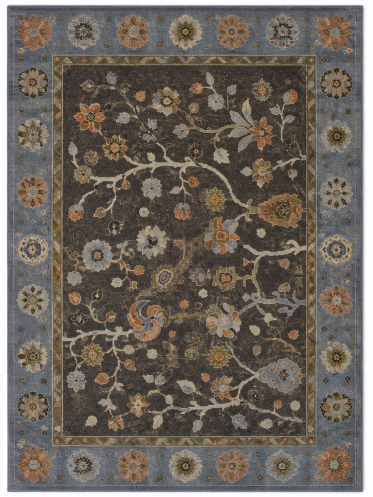 Hand Knotted Wool Rug in Charcoal Blue with Floral Oriental Pattern by Ayyub Rug Creation, Bhadohi India