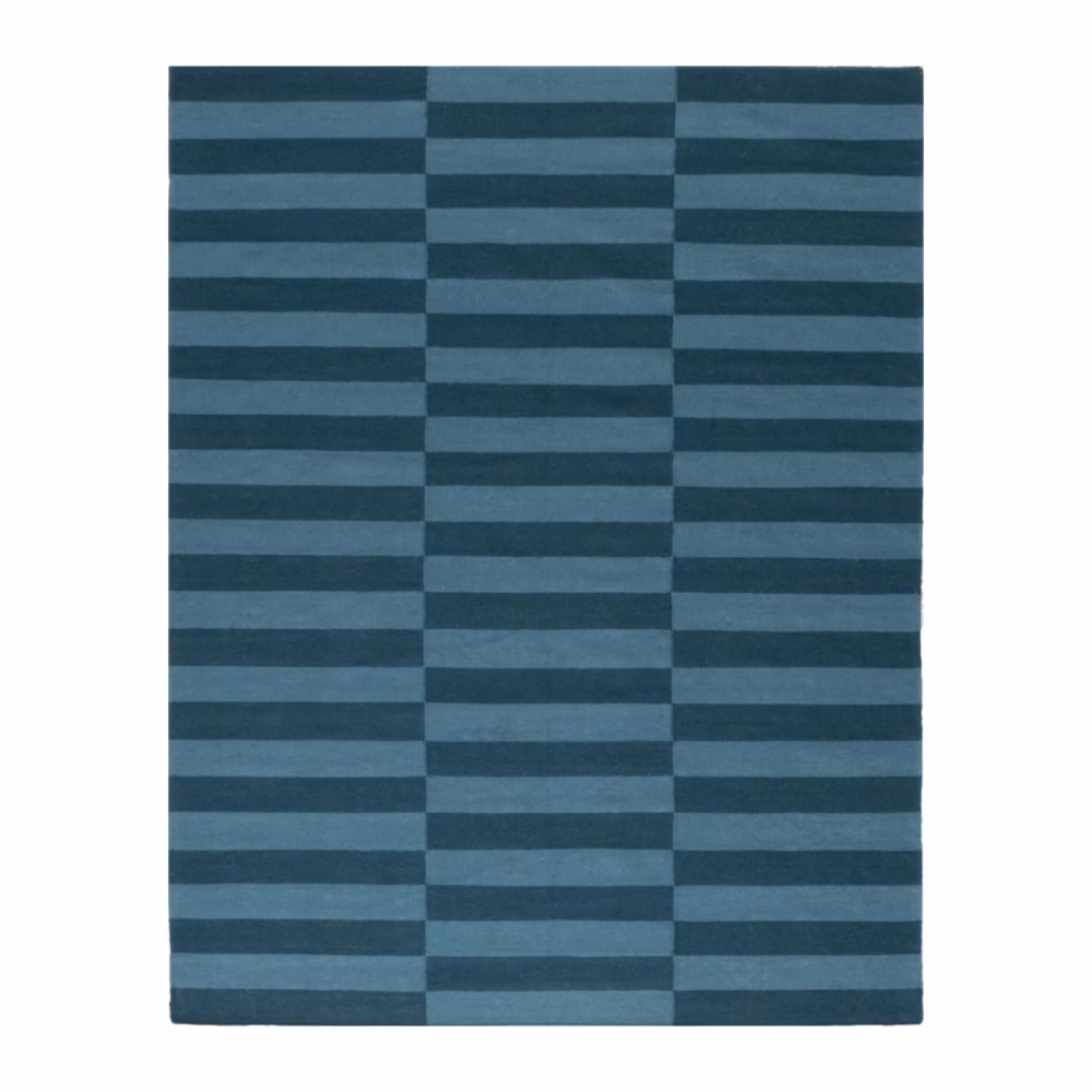 Azurea Handwoven Flatweave Wool Rug featuring modern blue horizontal stripes, handcrafted from premium Afghan wool for Scandinavian and minimalist interiors.