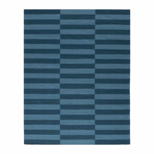 Azurea Handwoven Flatweave Wool Rug featuring modern blue horizontal stripes, handcrafted from premium Afghan wool for Scandinavian and minimalist interiors.
