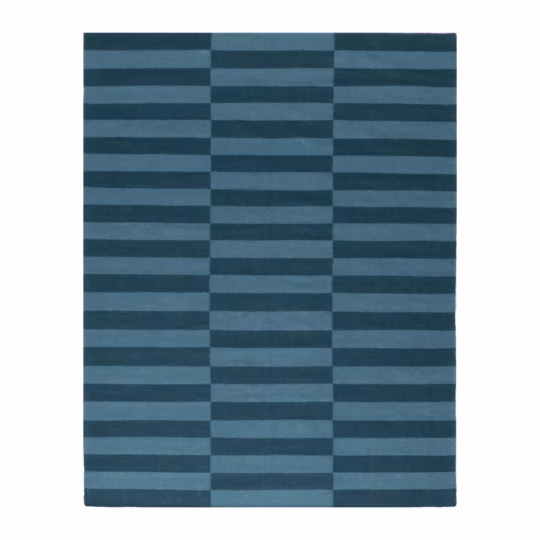 Azurea Handwoven Flatweave Wool Rug featuring modern blue horizontal stripes, handcrafted from premium Afghan wool for Scandinavian and minimalist interiors.