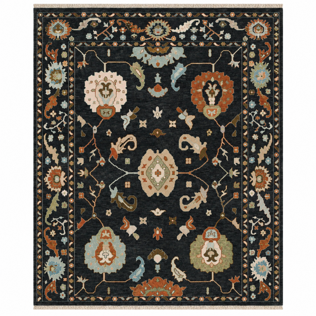 Eclipse Hand Knotted Wool Rug with luxury charcoal floral Oushak design, handmade from premium New Zealand wool by Ayyub Rug Creation.