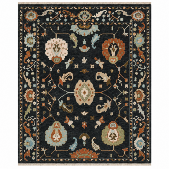 Eclipse Hand Knotted Wool Rug with luxury charcoal floral Oushak design, handmade from premium New Zealand wool by Ayyub Rug Creation.