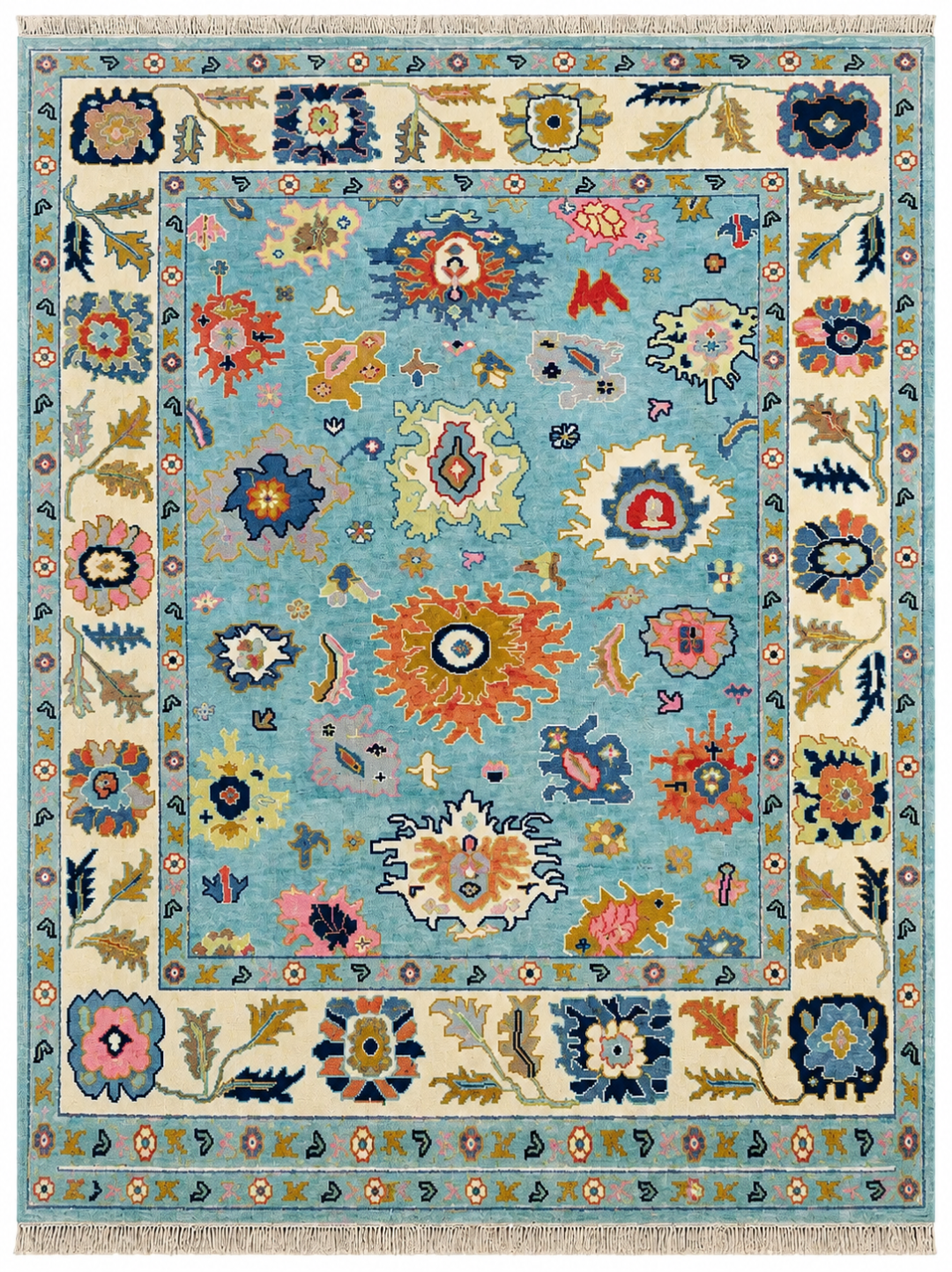 Celeste Heritage hand knotted wool rug with traditional blue Oushak floral design handcrafted by Ayyubrugcreation.