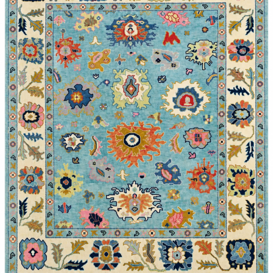 Celeste Heritage hand knotted wool rug with traditional blue Oushak floral design handcrafted by Ayyubrugcreation.
