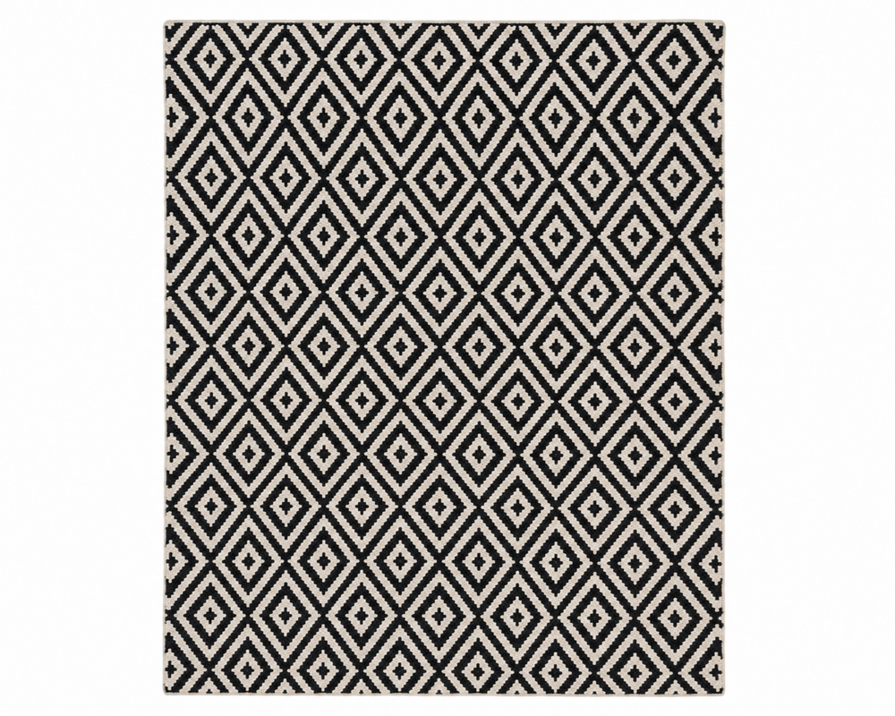 Kairo handwoven flatweave wool rug featuring a black and ivory diamond geometric pattern, handcrafted from premium Afghan wool for Scandinavian and modern interiors.
