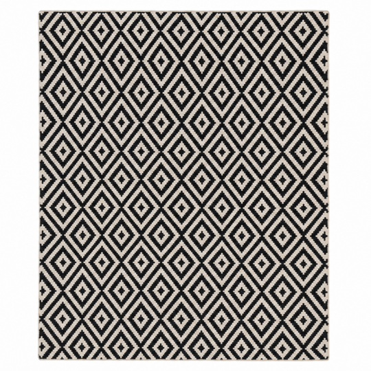 Kairo handwoven flatweave wool rug featuring a black and ivory diamond geometric pattern, handcrafted from premium Afghan wool for Scandinavian and modern interiors.