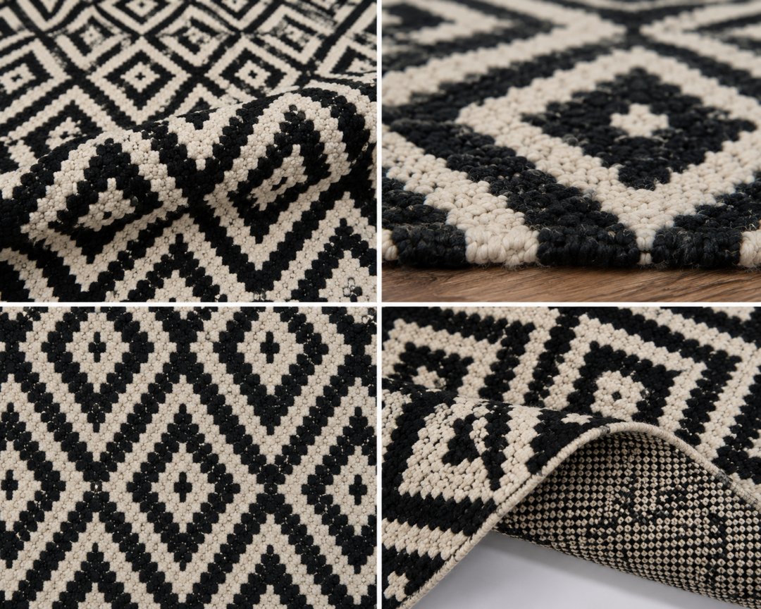 Kairo handwoven flatweave wool rug featuring a black and ivory diamond geometric pattern, handcrafted from premium Afghan wool for Scandinavian and modern interiors.