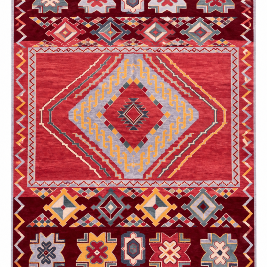 Kilimora hand knotted wool rug in burgundy red with geometric tribal design