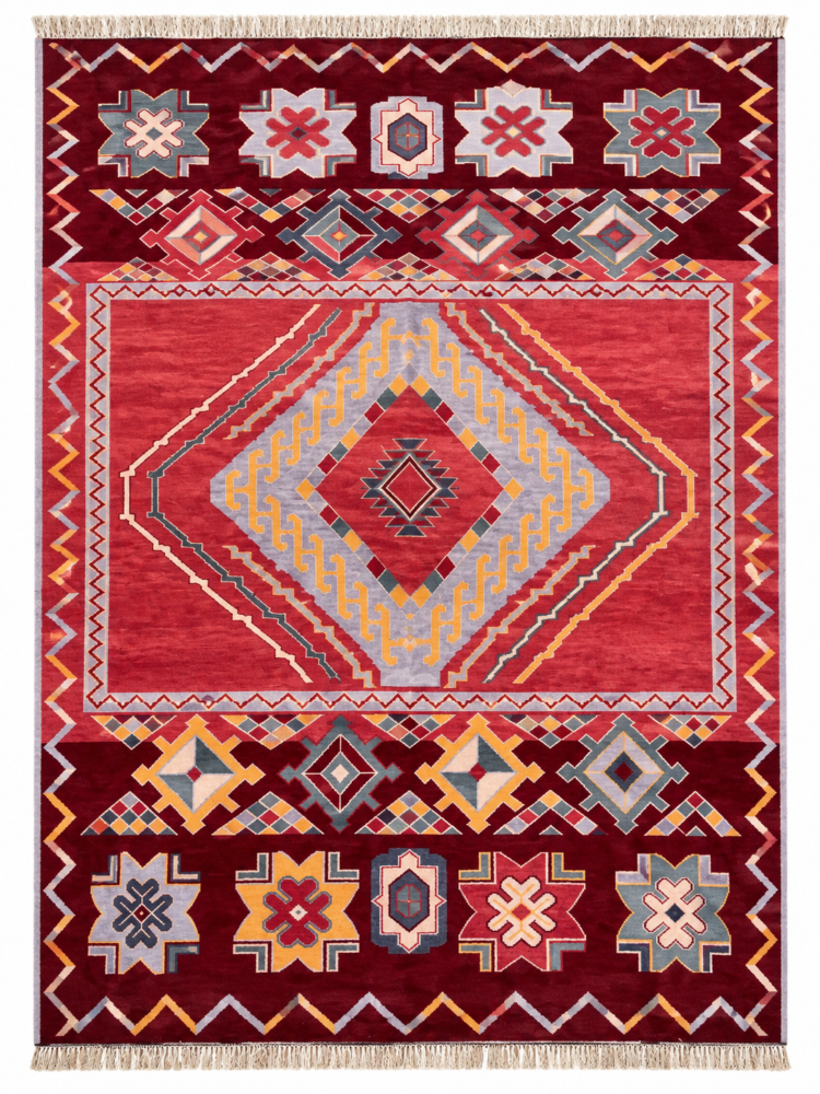 Kilimora hand knotted wool rug in burgundy red with geometric tribal design