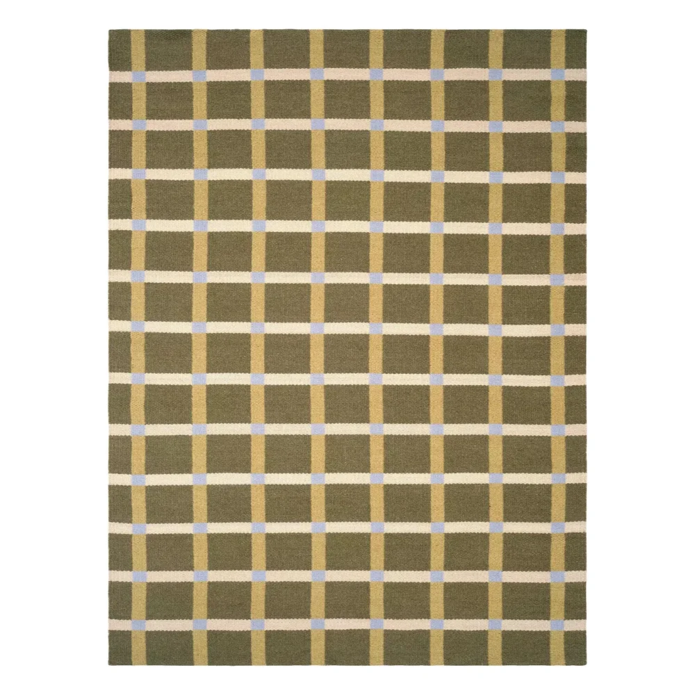 Linden Handwoven Flatweave Wool Rug featuring Scandinavian olive, beige and blue checkered geometric design handcrafted from premium Afghan wool.