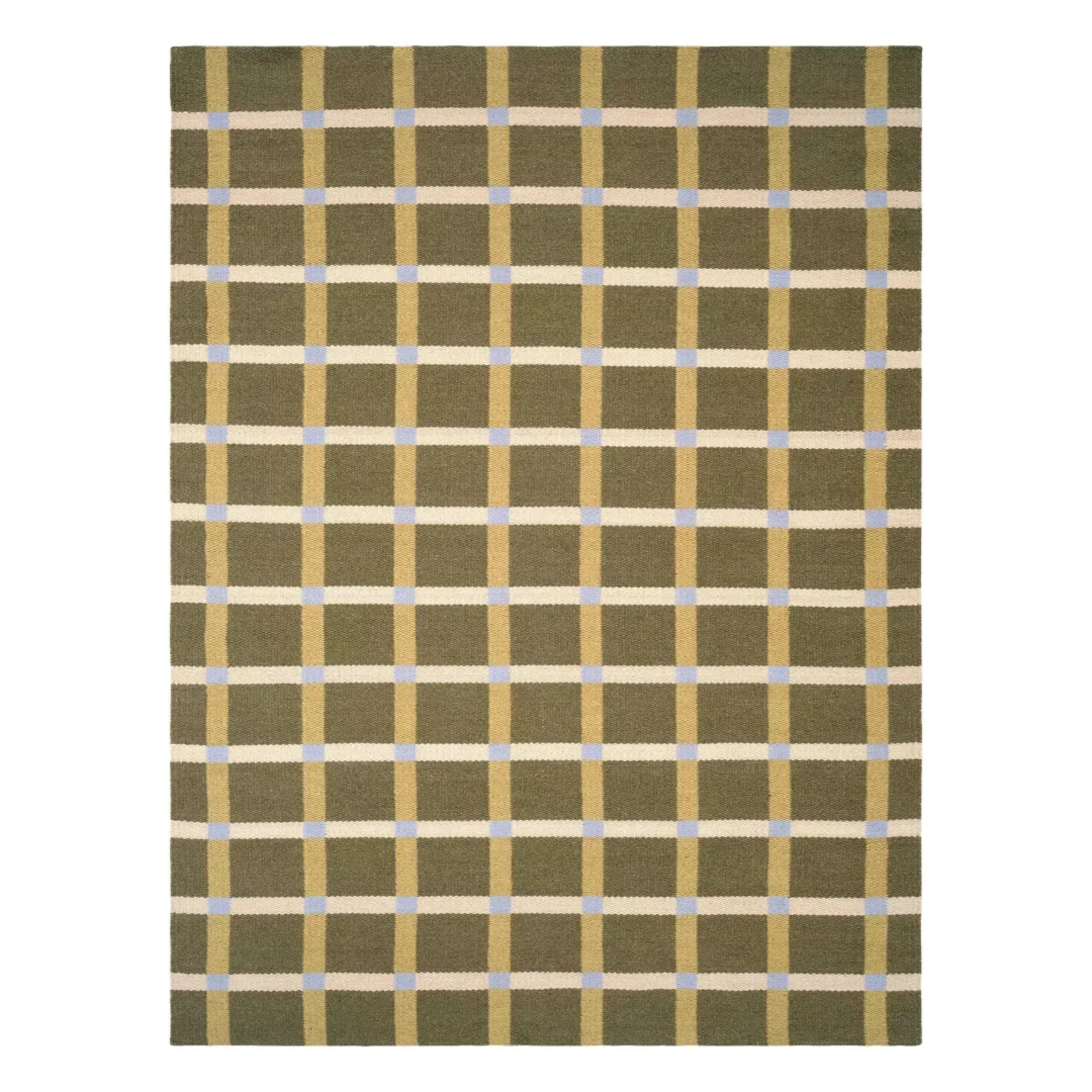Linden Handwoven Flatweave Wool Rug featuring Scandinavian olive, beige and blue checkered geometric design handcrafted from premium Afghan wool.