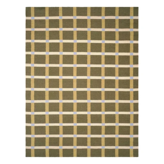 Linden Handwoven Flatweave Wool Rug featuring Scandinavian olive, beige and blue checkered geometric design handcrafted from premium Afghan wool.