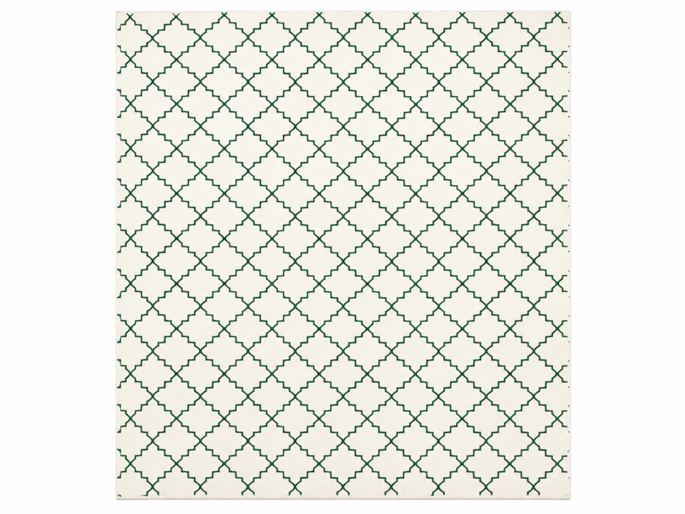 Morica Handmade Cotton Flatweave Rug featuring a white base with a green Moroccan trellis pattern, handcrafted from 100% natural cotton for modern and Scandinavian interiors.