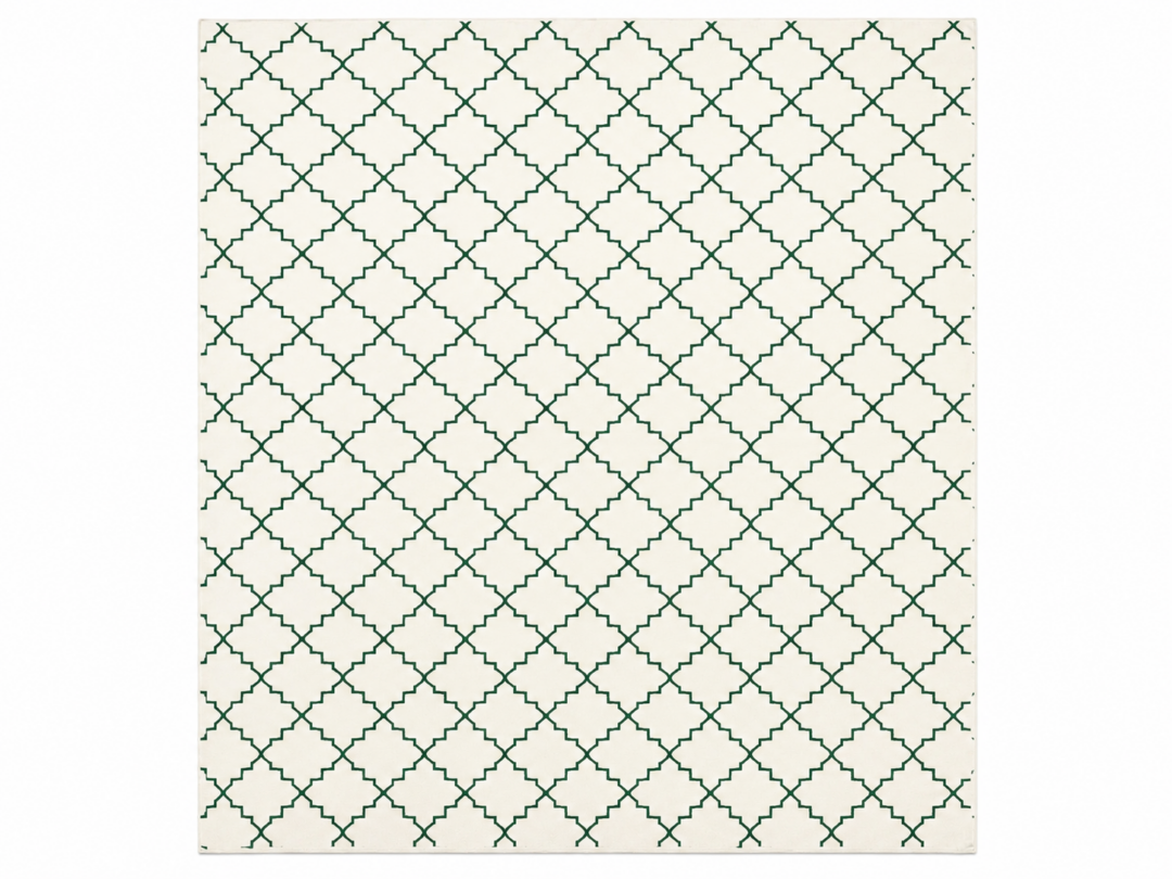 Morica Handmade Cotton Flatweave Rug featuring a white base with a green Moroccan trellis pattern, handcrafted from 100% natural cotton for modern and Scandinavian interiors.