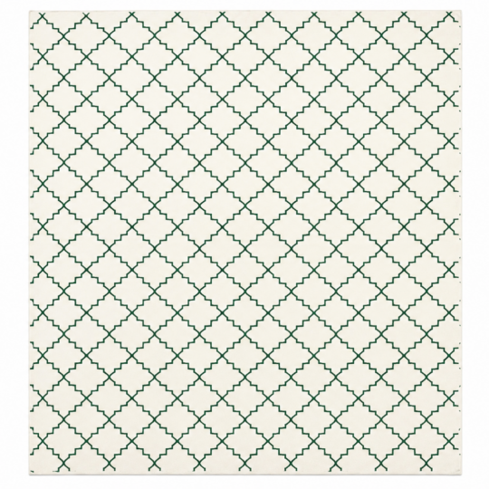 Morica Handmade Cotton Flatweave Rug featuring a white base with a green Moroccan trellis pattern, handcrafted from 100% natural cotton for modern and Scandinavian interiors.