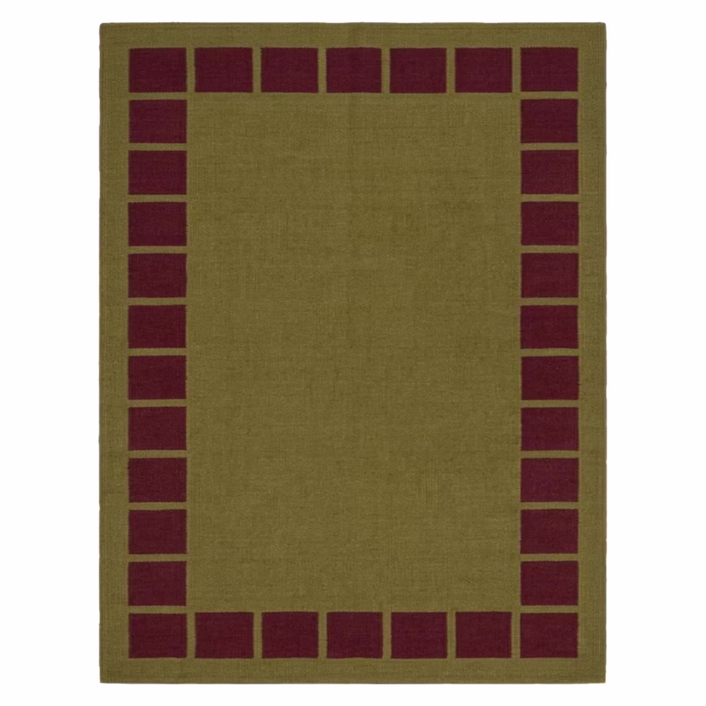 Olvera handwoven flatweave wool rug featuring an olive green center with a burgundy geometric border, handcrafted from premium Afghan wool for Scandinavian, Nordic, and modern interiors.