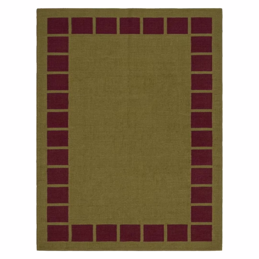Olvera handwoven flatweave wool rug featuring an olive green center with a burgundy geometric border, handcrafted from premium Afghan wool for Scandinavian, Nordic, and modern interiors.