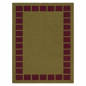 Olvera handwoven flatweave wool rug featuring an olive green center with a burgundy geometric border, handcrafted from premium Afghan wool for Scandinavian, Nordic, and modern interiors.