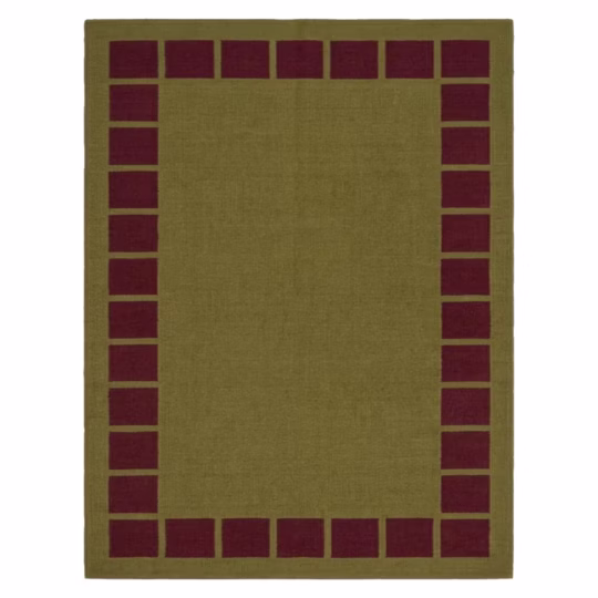 Olvera handwoven flatweave wool rug featuring an olive green center with a burgundy geometric border, handcrafted from premium Afghan wool for Scandinavian, Nordic, and modern interiors.