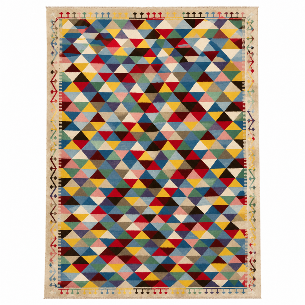 Prisma Handwoven Flatweave Wool Rug handcrafted from premium wool featuring a Scandinavian multicolor geometric triangle pattern for modern living room, bedroom, dining room, and office décor.