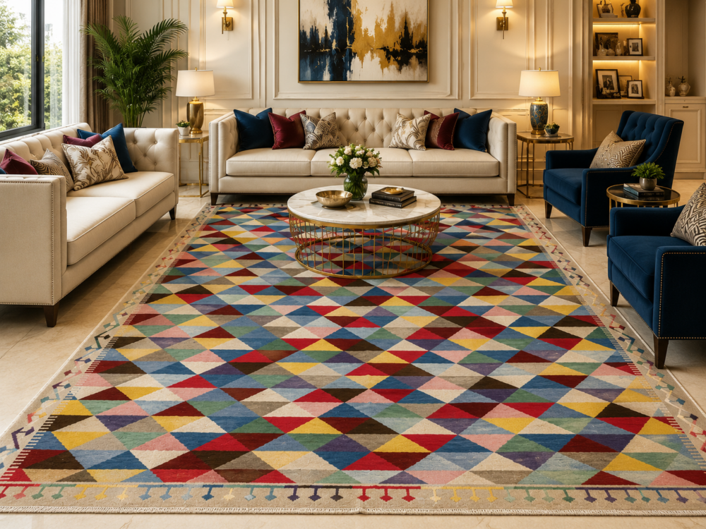 risma Handwoven Flatweave Wool Rug handcrafted from premium wool featuring a Scandinavian multicolor geometric triangle pattern for modern living room, bedroom, dining room, and office décor.