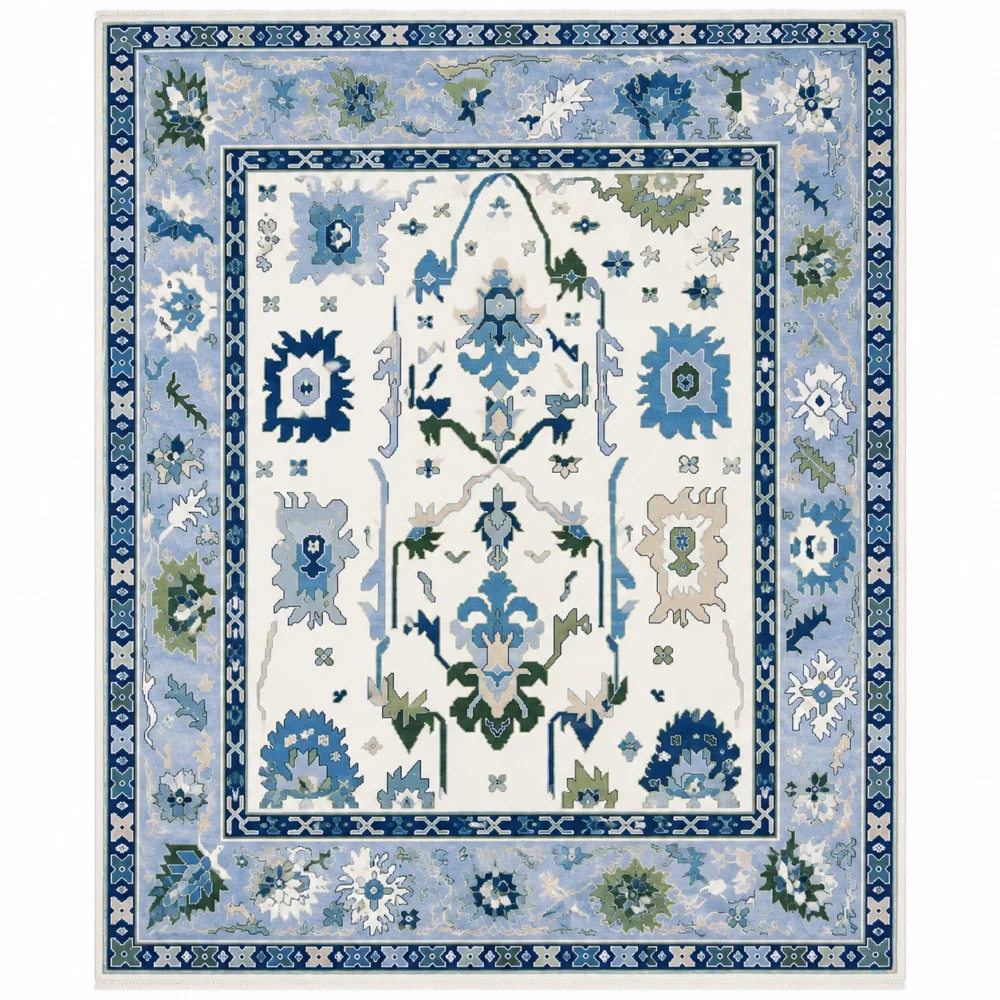 Azure Hand Knotted Wool Rug in blue and ivory Oushak-inspired floral design