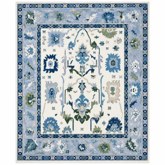 Azure Hand Knotted Wool Rug in blue and ivory Oushak-inspired floral design
