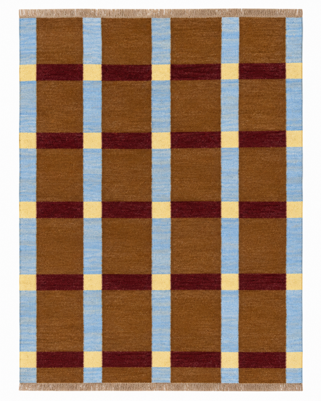 Tartan Plaid Flatweave Wool Rug handcrafted from premium Afghan wool featuring a Scandinavian brown, blue, burgundy and cream geometric plaid design.