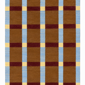 Tartan Plaid Flatweave Wool Rug handcrafted from premium Afghan wool featuring a Scandinavian brown, blue, burgundy and cream geometric plaid design.