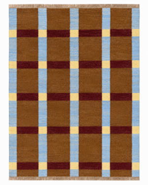Tartan Plaid Flatweave Wool Rug handcrafted from premium Afghan wool featuring a Scandinavian brown, blue, burgundy and cream geometric plaid design.