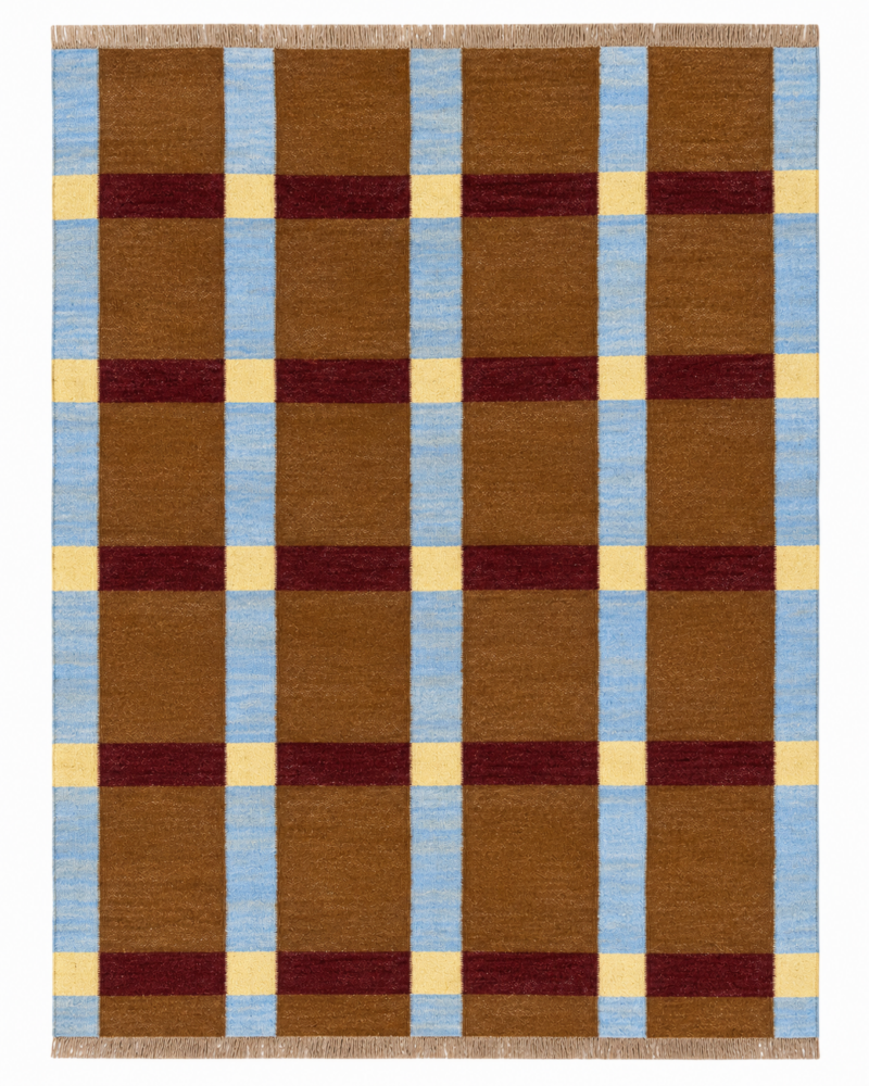 Tartan Plaid Flatweave Wool Rug handcrafted from premium Afghan wool featuring a Scandinavian brown, blue, burgundy and cream geometric plaid design.