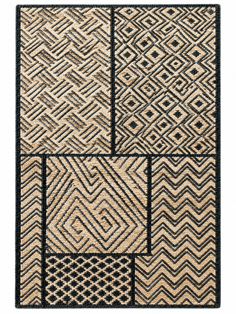 Tribal handwoven beige and black jute rug