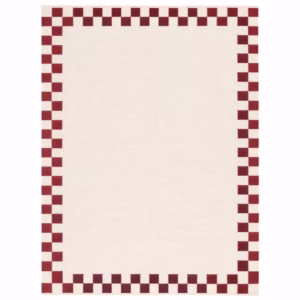 Verra handwoven cotton area rug featuring a cream base with a red checker border in a flatweave design for Scandinavian, farmhouse, and modern interiors.