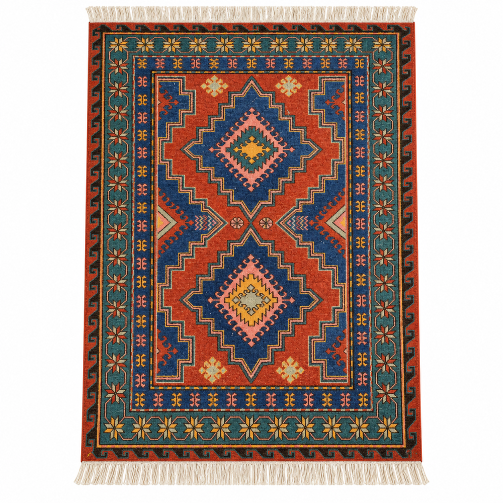 Zarina hand knotted wool rug in rust red with geometric diamond design