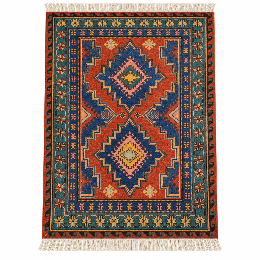 Zarina hand knotted wool rug in rust red with geometric diamond design