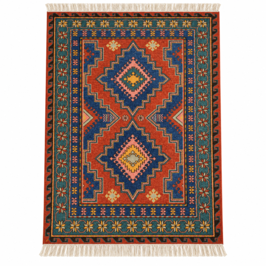 Zarina hand knotted wool rug in rust red with geometric diamond design