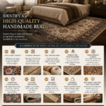 Luxury bedroom featuring a premium handmade rug with an educational guide on how to identify a high-quality handmade rug. The Instagram post highlights key buying factors including knot density, materials, craftsmanship, weave, dyes, finishing, and authenticity, branded by Ayyub Rug Creation.