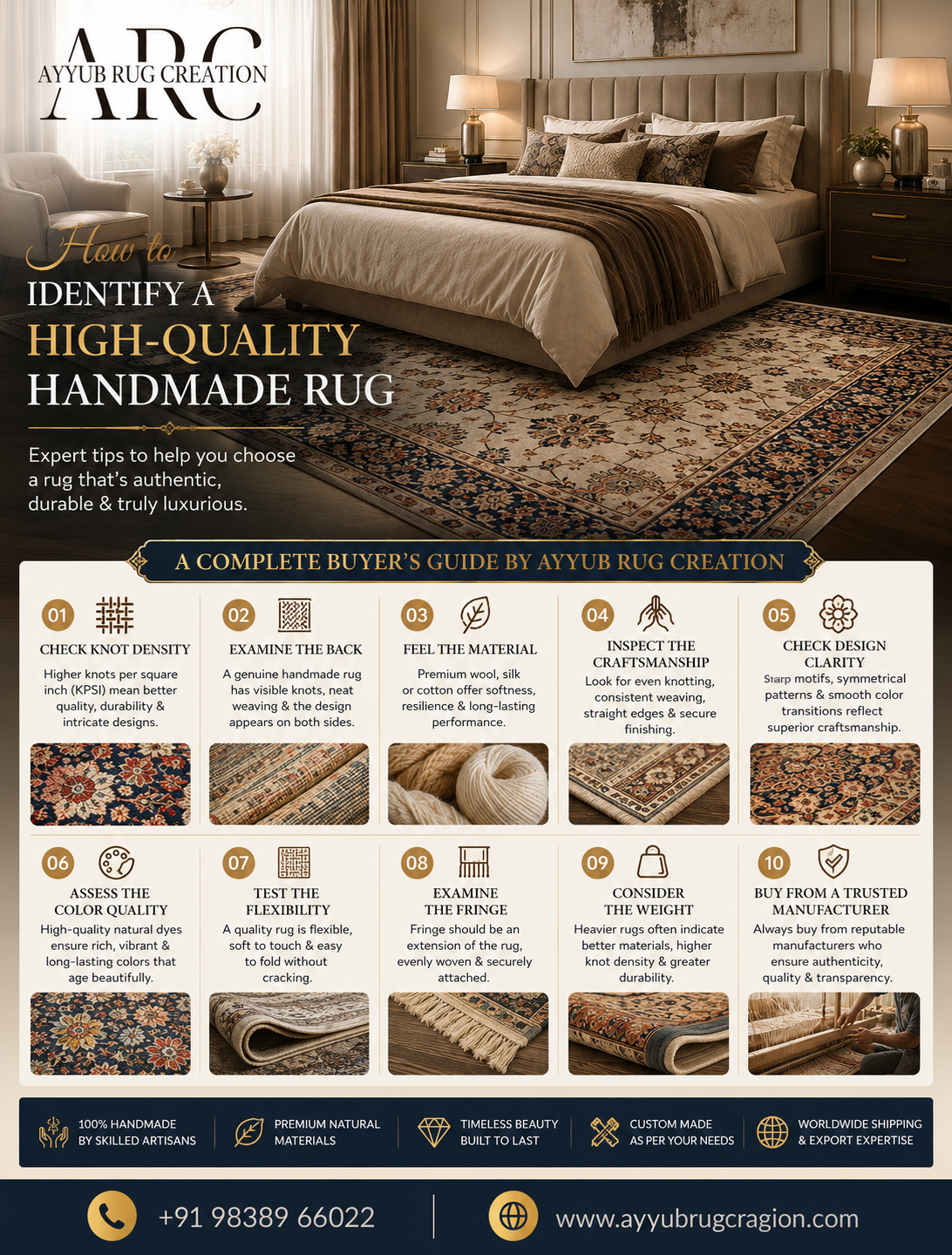 Luxury bedroom featuring a premium handmade rug with an educational guide on how to identify a high-quality handmade rug. The Instagram post highlights key buying factors including knot density, materials, craftsmanship, weave, dyes, finishing, and authenticity, branded by Ayyub Rug Creation.